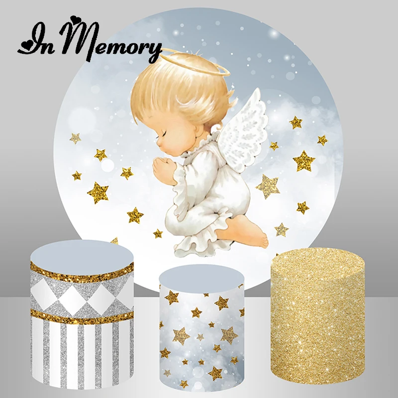 

Baptism First Holy Communion Party Round Backdrop Cover Angel Little Glitter Gold Stars Background Plinth Covers Elastic