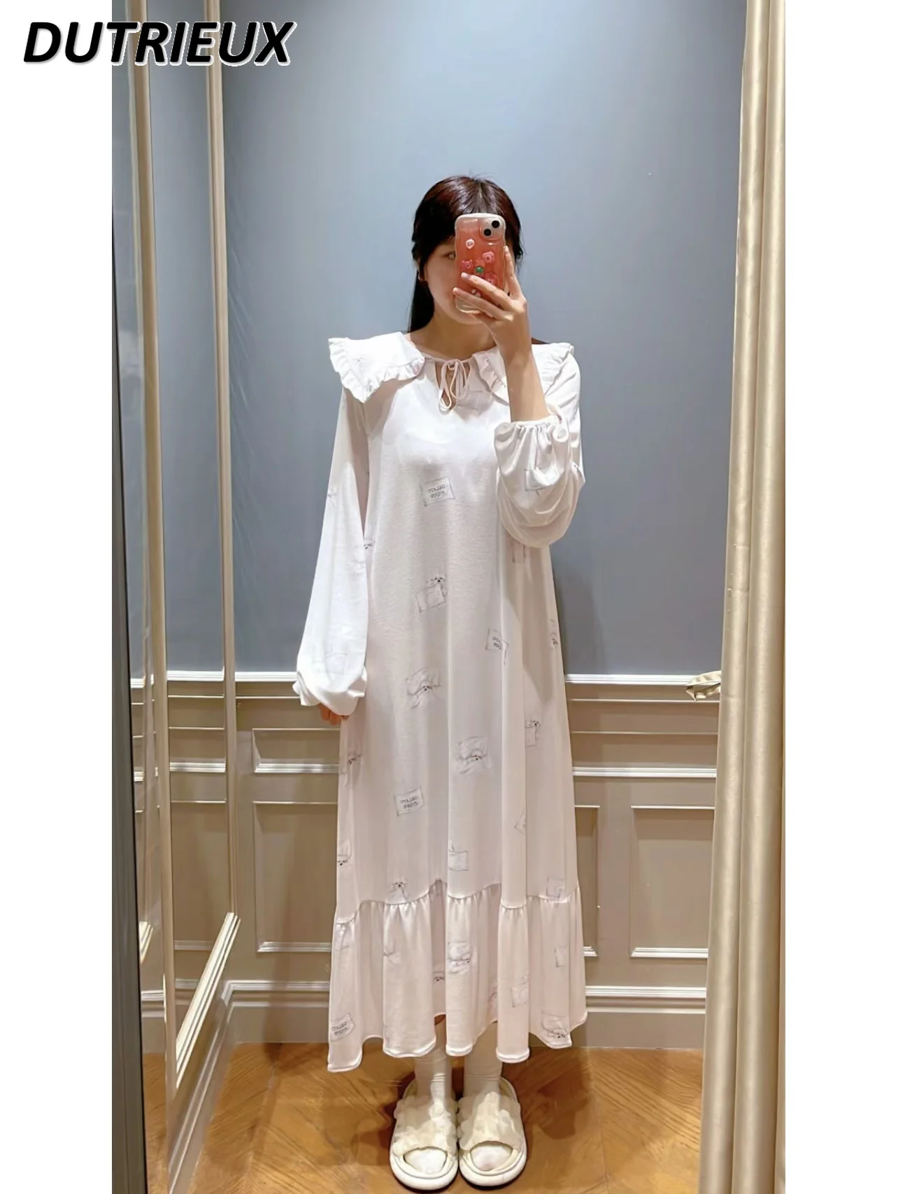 Женская ночная сорочка с длинным рукавом и воротником листья лотоса