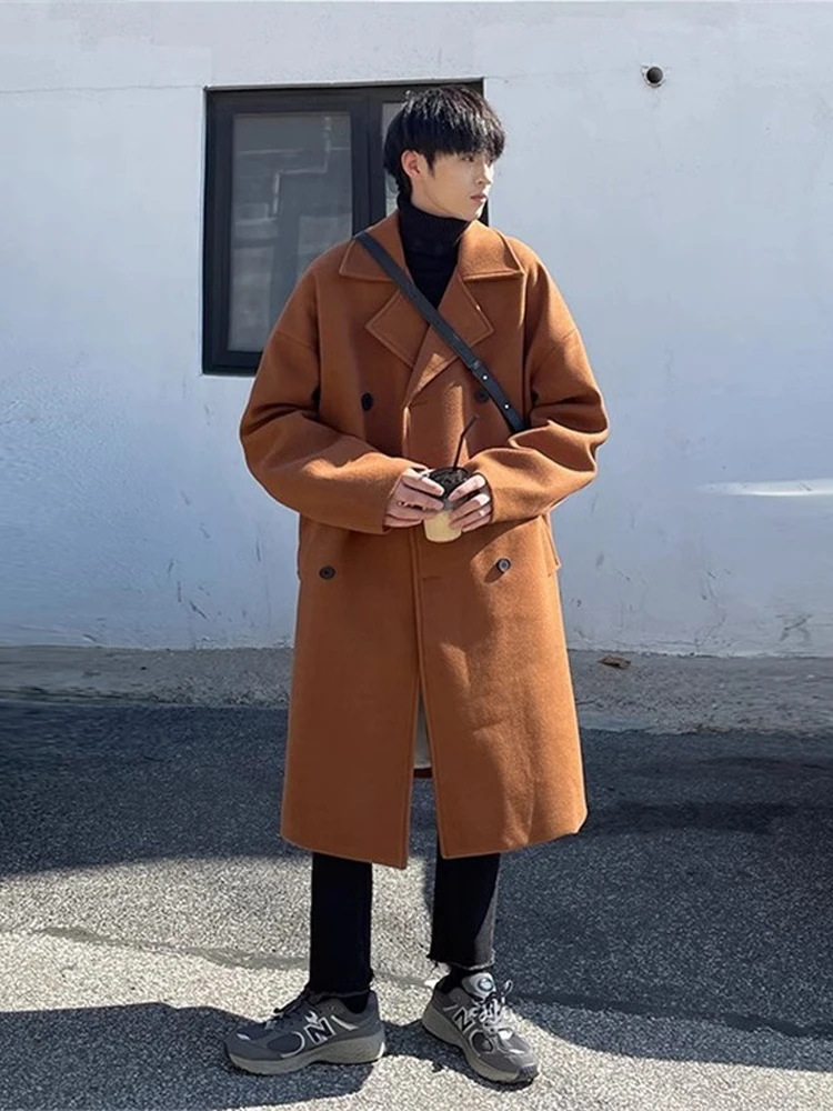 Модное брендовое черное шерстяное пальто мужское средней длины новинка 2024