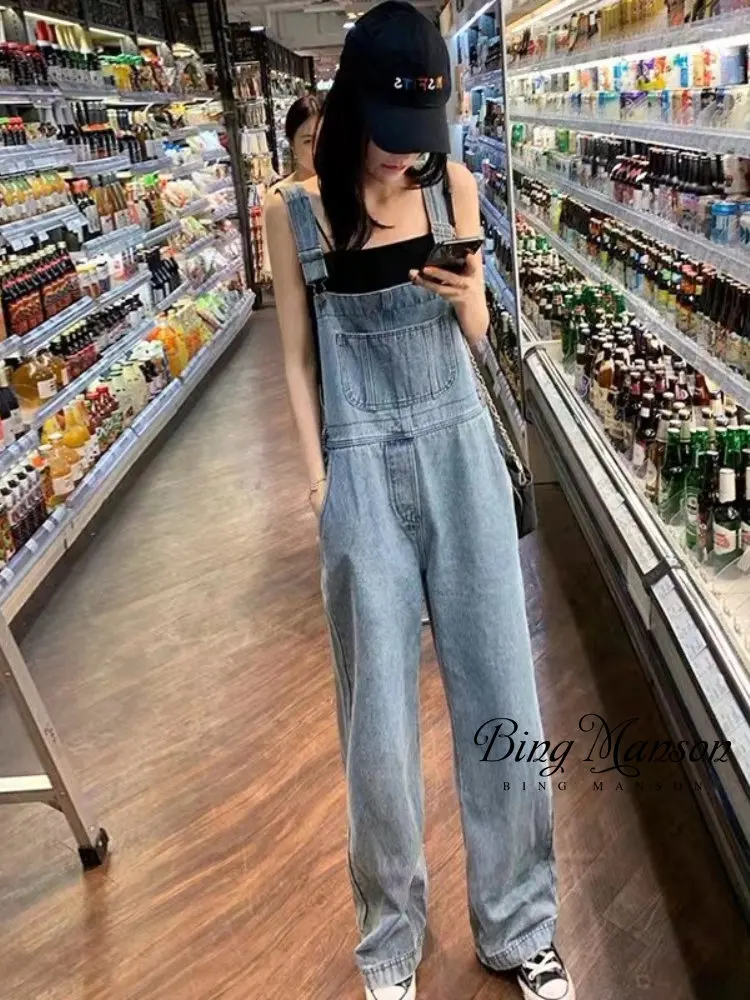 

High Street 2023 Spring/Summer New Korean Loose Waist Wide Leg Jeans Strap Pants Women's Jumpsuit Casual Loose Pants Y2k