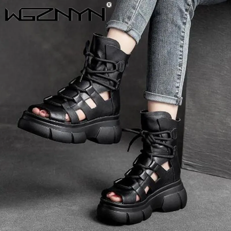 NEW Genuine PU Leather Sandals for Women with New Summer Hollowed-out Roman Sandals Sponge Cake Thick-soled Fish Mouth Cool Boot