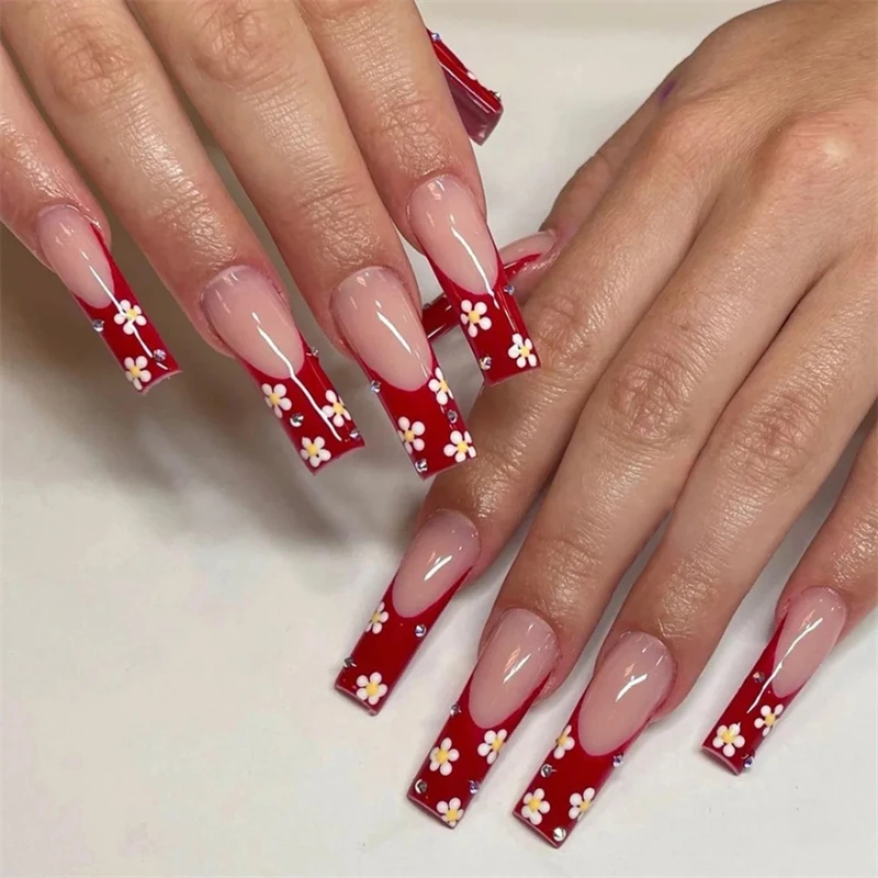 

CZ028 Red French Tip Press on Acrylic Nails with Designs Extra Long Coffin Reusable Adhesive False Nails Press-on