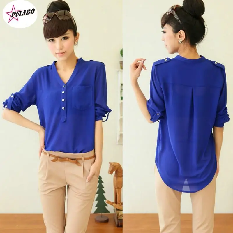 

Женская шифоновая блузка с длинным рукавом и V-образным вырезом