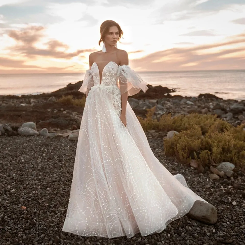 

Sexy Princess Strapless Wedding Dress Puff Sleeves Flowers Appliques Bridal Gowns Vestido De Novia Tull Court Train Customized