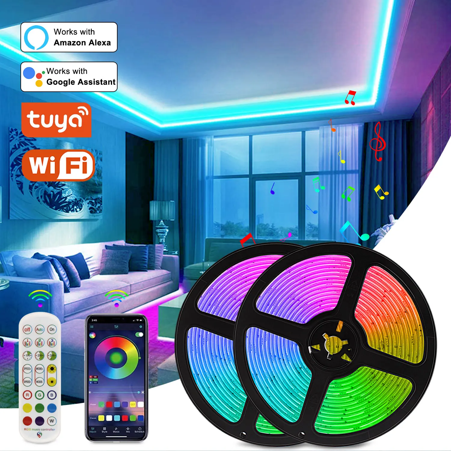 

RGB Tape WiFi Smart LED Strip 12V 5050 lumiere led Ribbon Work with Alexa Voice Control Color Changing 5m 10m 15m 20m Light