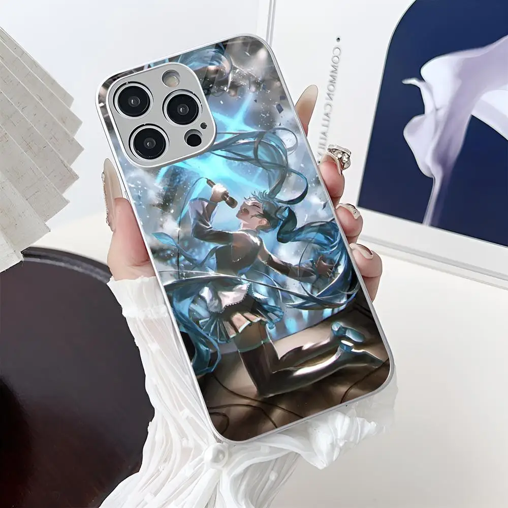Милый чехол для телефона H-Hatsune M-Miku MINISO с гальваническим стеклом Iphone 16-11 Plus ProMax X XR