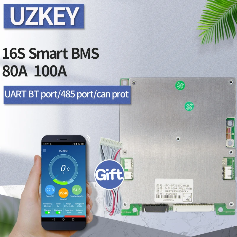 

Smart BMS 16s 48V LiFePo4 60v LiPo 80a 100a Support Bluetooth APP Lithium Battery Protection Board Balance Common Port PCM