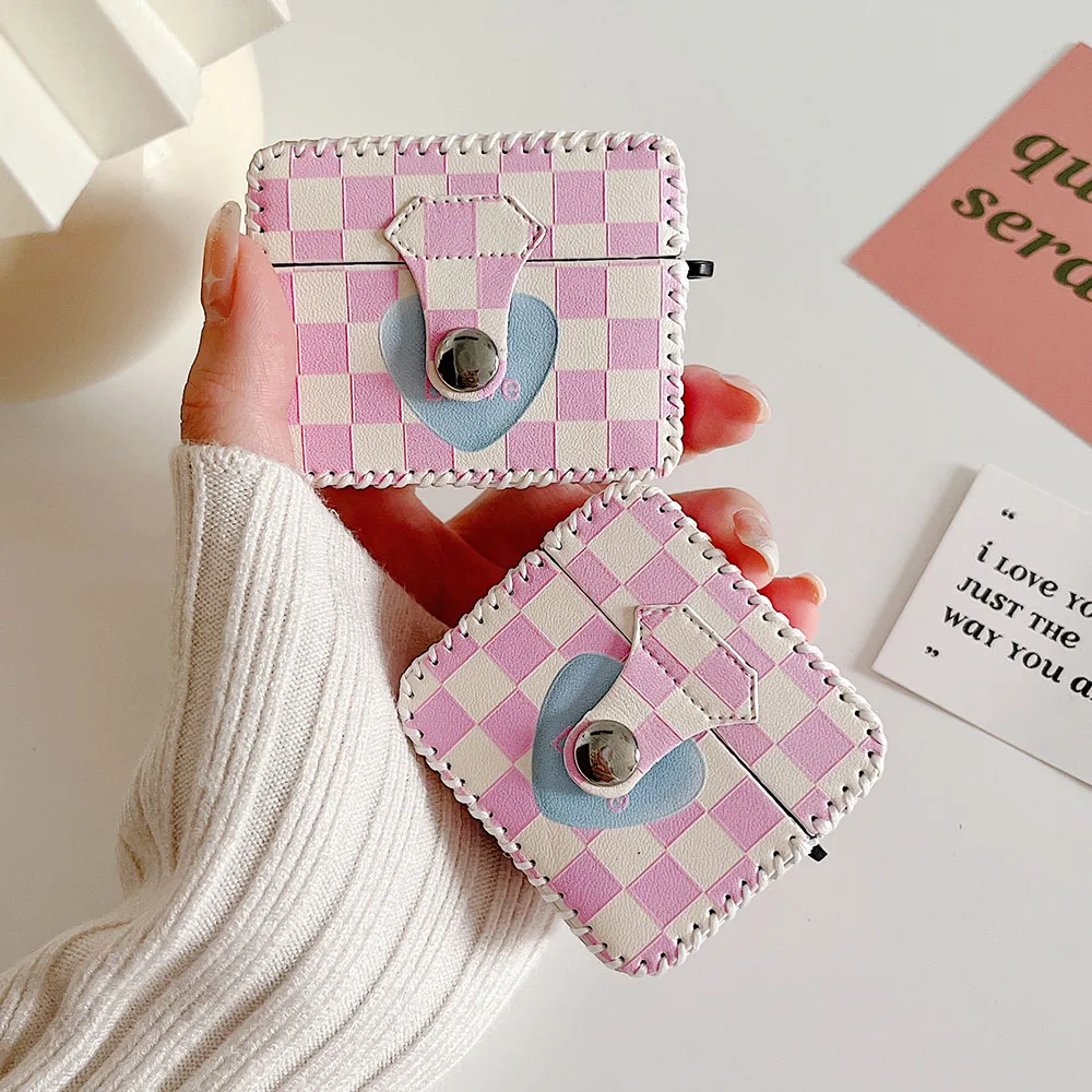 

Кожаный чехол 2 в 1 для AirPods 1 2 Pro 3 2021, чехол в клетку с любовным сердцем для Air Pods 2, защитный чехол для наушников, чехол для зарядного бокса