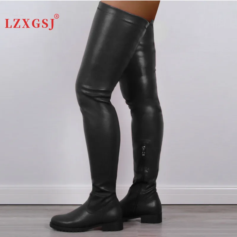 2022 Low Heels Black Thigh High Boots Women Autumn Winter Pu Leather Over The Knee Boots Stretch Long Boots Casual Female Shoes