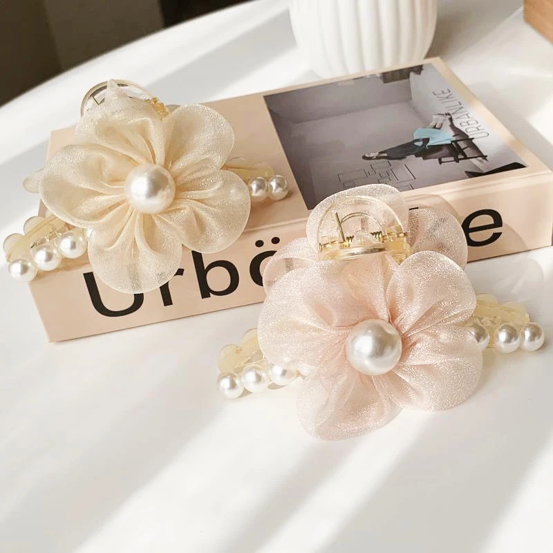

Spring 2022 Mesh Flower Hair Clip Clamp Woman Romantic Pearl Claw Clips Grab Hairpin Haarclip Hair Accesorios Pince Cheveux