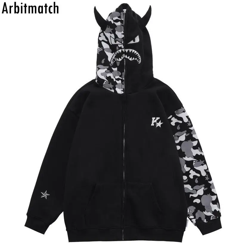 

Little Devil's Corner Camouflage Splicing Hoodie Men Harajuku Vintage High Street Shark Design Loose Zip Jacket Tops Hoodies Man