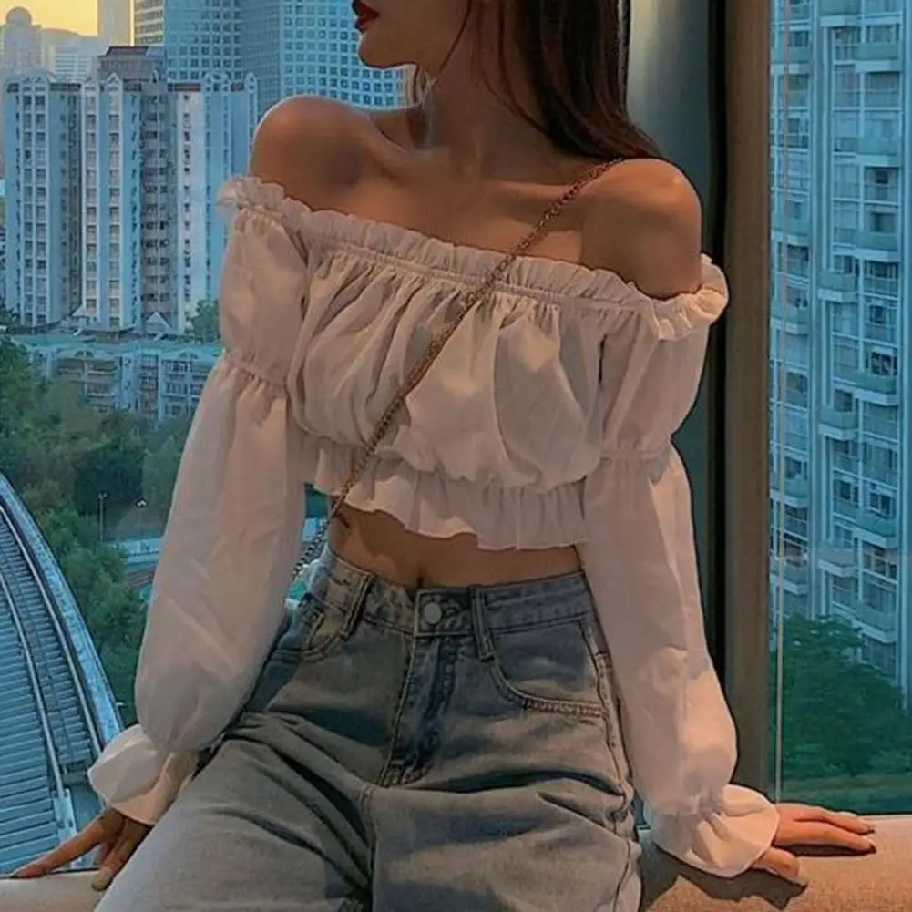 

Women Blouse Sexy Off Shoulder Puff Sleeve Club Party Crop Top Long Sleeve Ruffle Tunic y2k Top High Elastic Summer Crop Top
