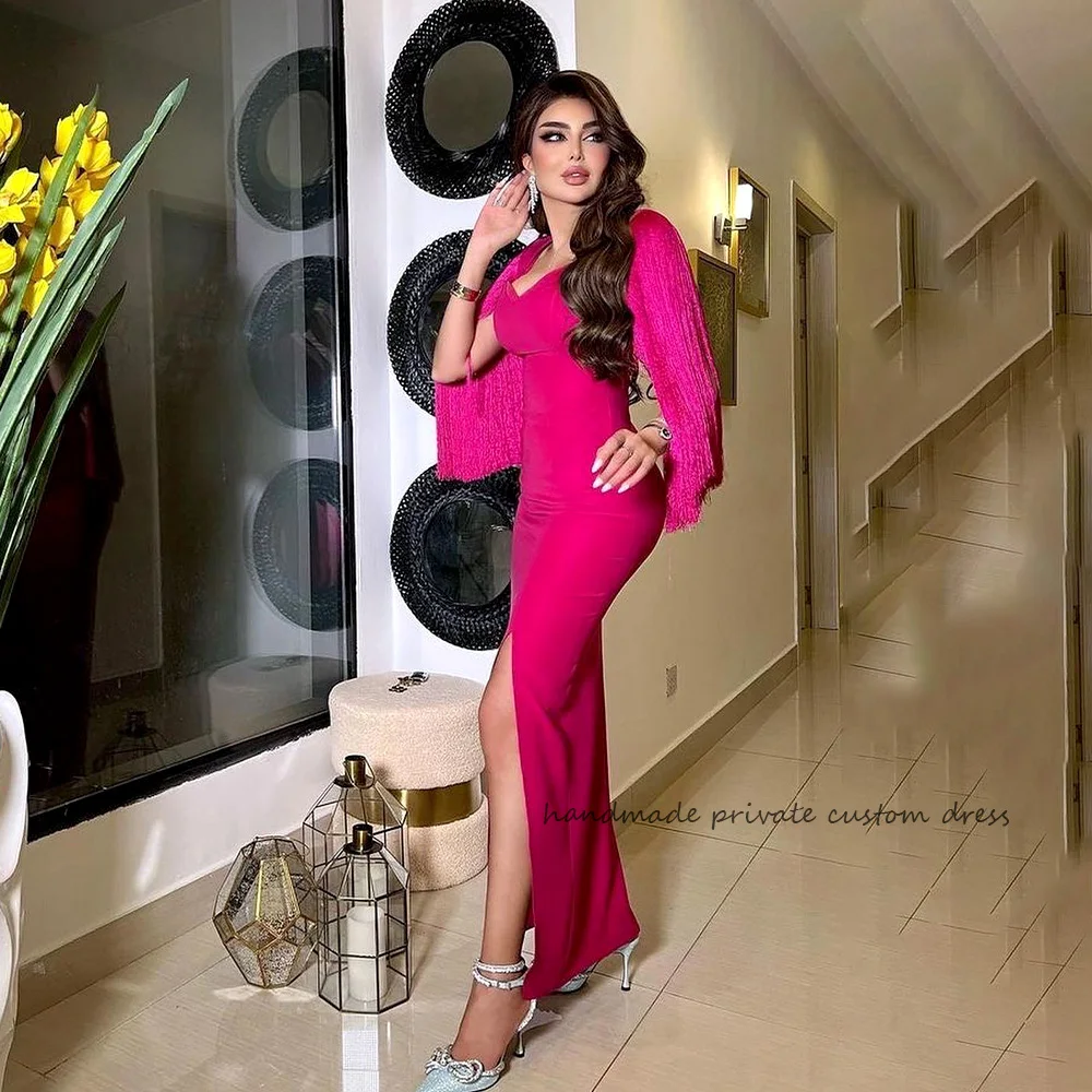 

Sexy Pink Mermaid Evening Party Dresses Tassels Sleeve Side Split Saudi Arabic Wedding Prom Dress Floor Length Dubai Formal Gown