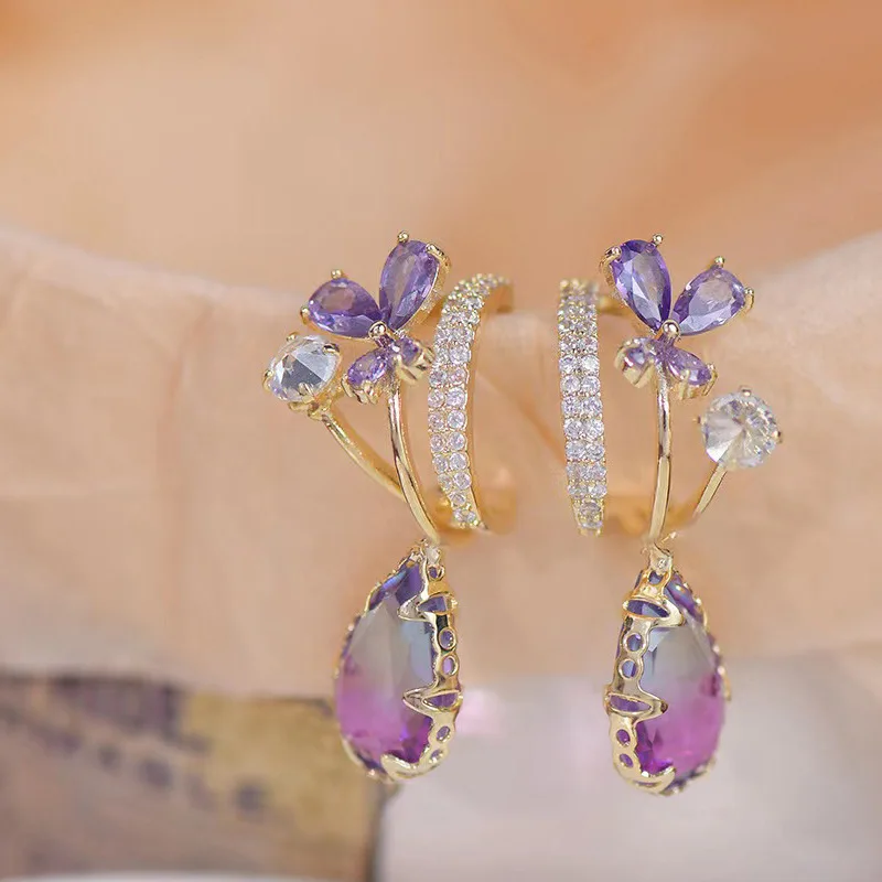 

Korean Exquisite Purple Crystal Butterfly Earrings for Women Fashion Elegant Zircon Rhinestone Water Drop Earring Jewelry Girls