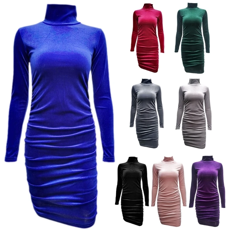 

50JB Womens Sexy Long Sleeve Bodycon Mini Dress Elegant Short Ruched Dress