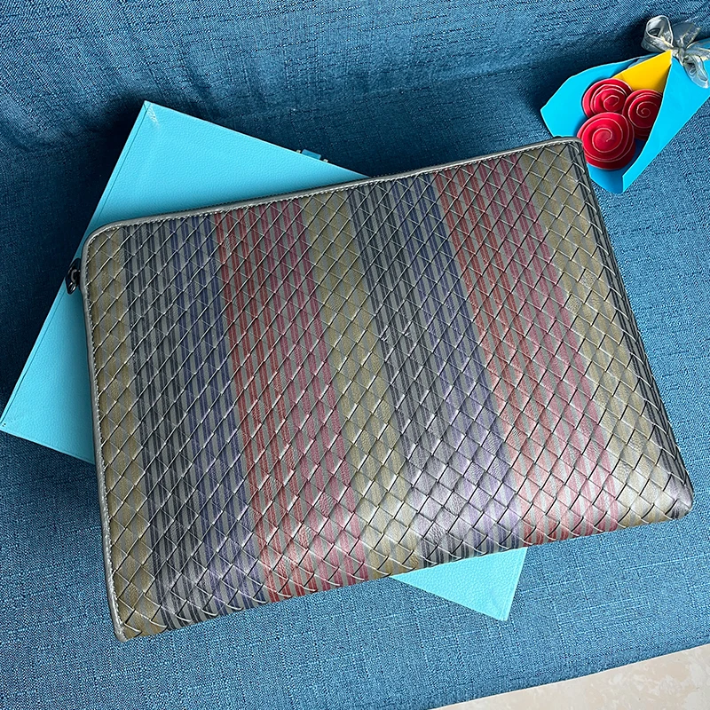 Young Men's Authentic Leather Sheepskin Woven Zipper Handbag Stylish and Portable Large Capacity Business Envelope Clip A4 Paper