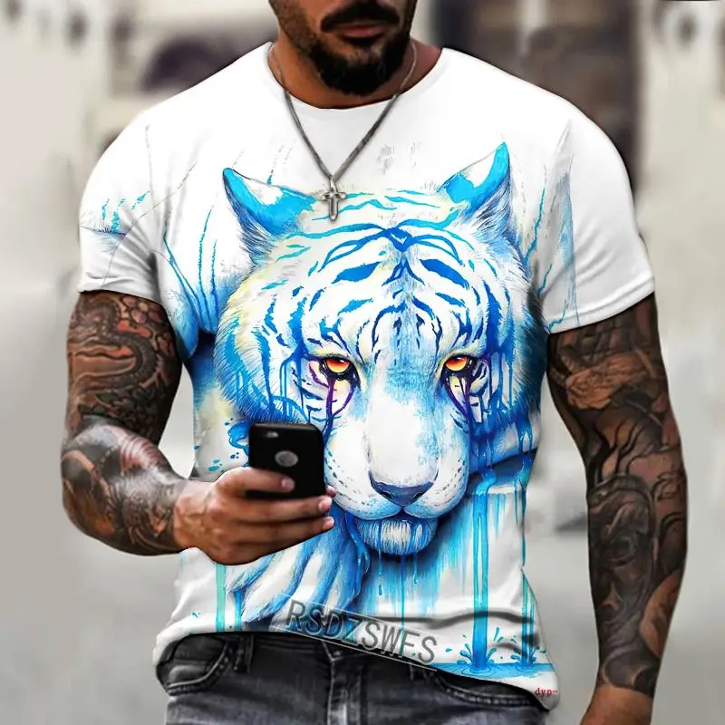 

New Fashion Fierce Tiger and Lion 3D Printed Men's T-shirt Summer Round Neck Large Short Sleeve Large T-shirt Top T-shirt 6XL
