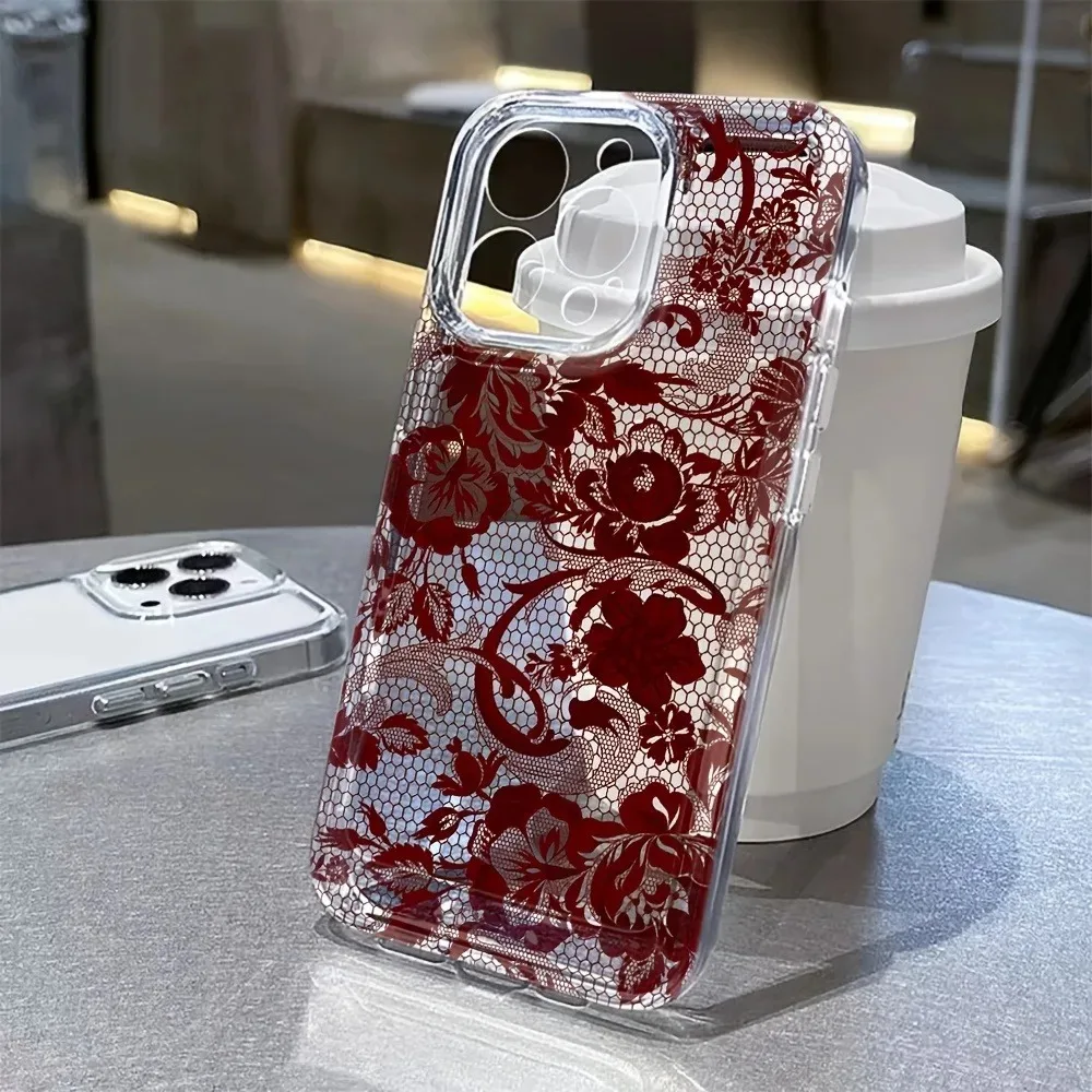 Фото Красный матовый чехол для телефона с кружевным дизайном для Oppo Reno15 Reno14 Reno13 Reno12 Reno11 Reno10 Reno8 Reno7 Reno6 F Z Pro 5G, прозрачный ТПУ №4