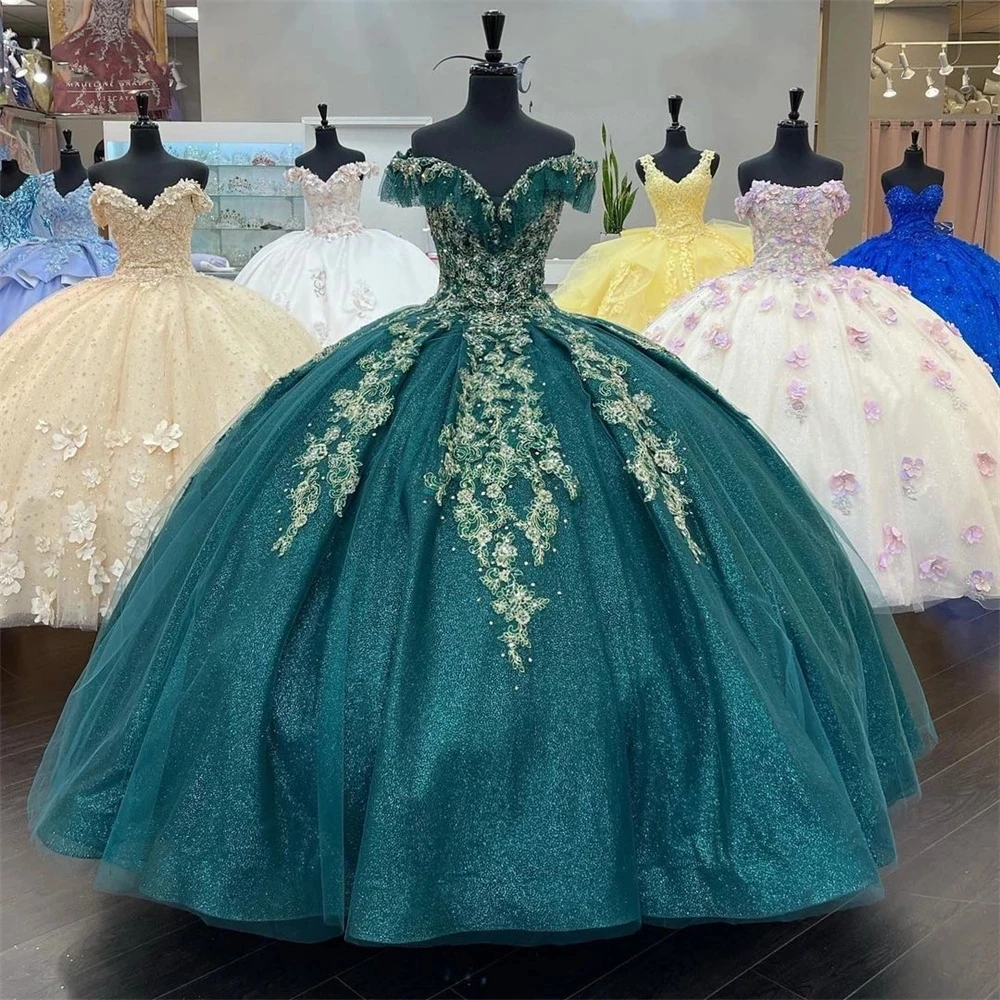 

Luxury Dark Green Quinceanera Dress with 3D Floral Applique Ball Gown Tulle Off Shoulder Vestidos XV Años Sweet 16 Dresses