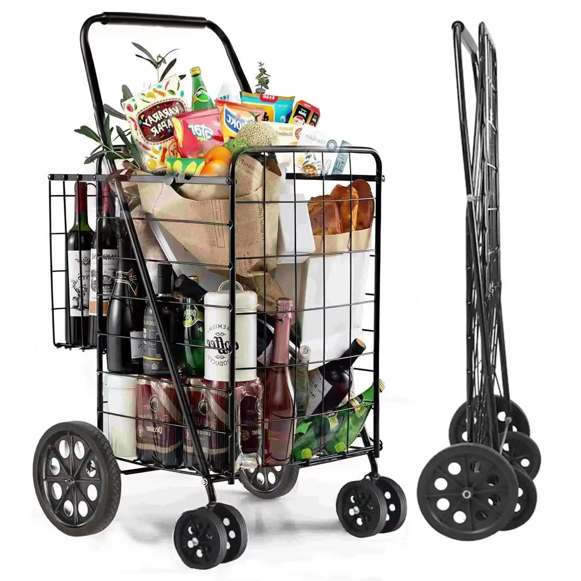 

Folding Shopping Cart 100 lbs Utility Trolley Jumbo Basket with Swivel Wheels, Black