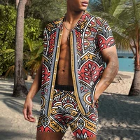 2022 summer hawaii vacation leisure men shirt suit lapel single breasted cardigan short sleeve beach shorts shirts 2 piece set
