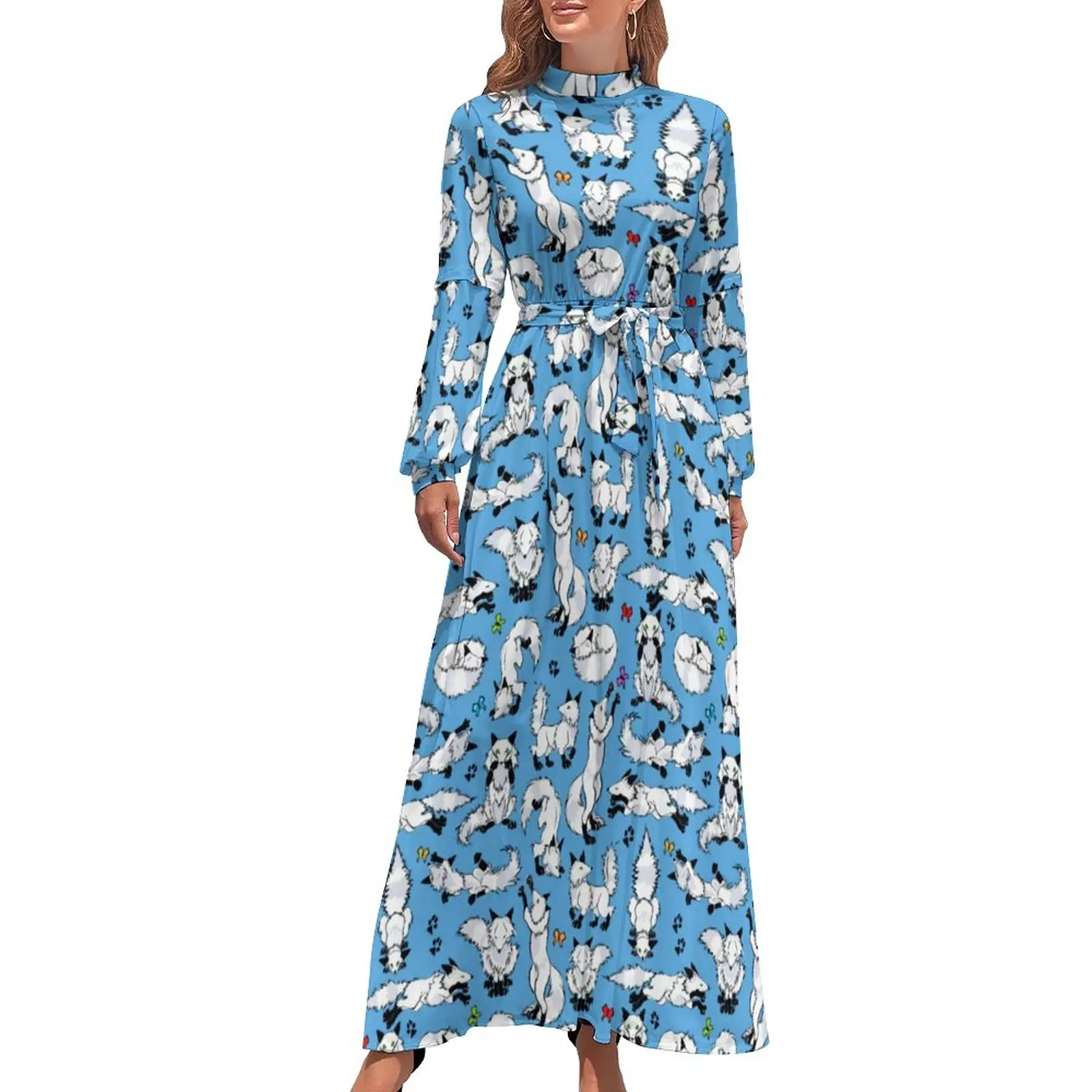 

Arctic Animal Dress Cute Fox Print Trendy Maxi Dress Aesthetic Bohemia Long Dresses High Neck Print Vestido