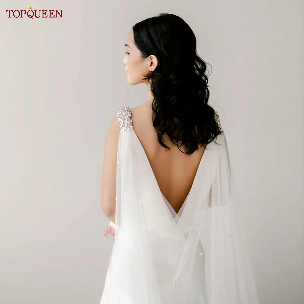 TOPQUEEN G64 Wedding Long Bridal Veils Bolero Jacket Trailing Pearl Cape Veil Cathedral Long Bridal Wrap with Beaded Pins