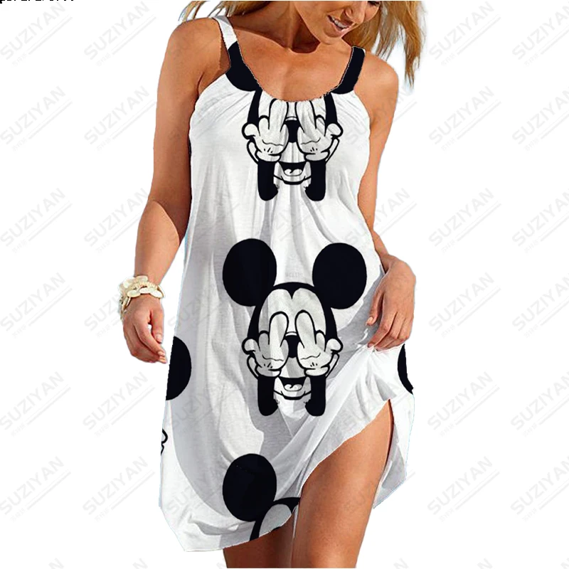 

Disney Mickey 2023 New Dress Women's Round Neck Elastic Strap Dress Loose and Comfortable Long Dress Plus Size 3D Print 5XL