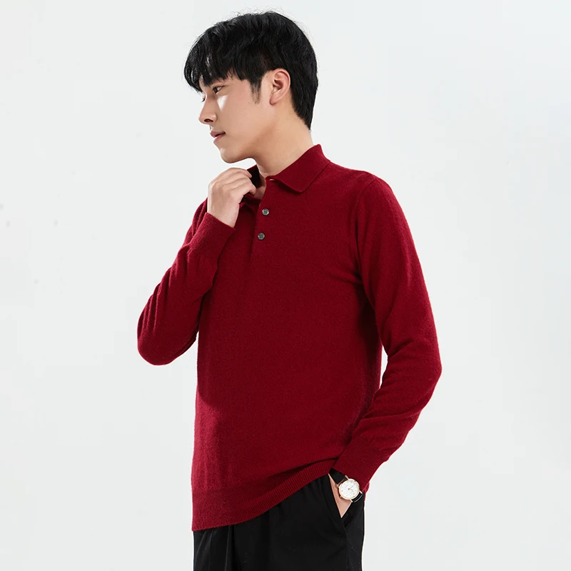 Зима 2024 классический мужской вязаный пуловер раньше воротник поло длинные