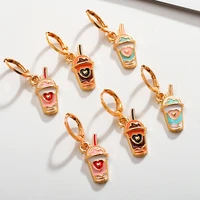 2pairs fashion pink brown milk tea cupcoffee cup creative earring gifts for girls 2022 new womens hoop pendant earring jewelry