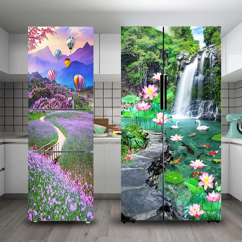 

Styles Refrigerator Sticker Full Film Kitchenware Self-adhesive Waterproof Double Door Freezer Cupboard Decoration Art Mural