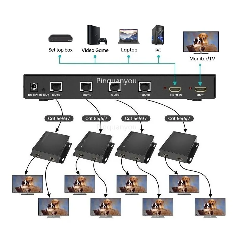 Фото Разветвитель HD 4K, 60 Гц через Ethernet 1x4, MT-VIKI Расширитель HD 1 в 4 выхода через Cat6 POC + Петля 70 м №2