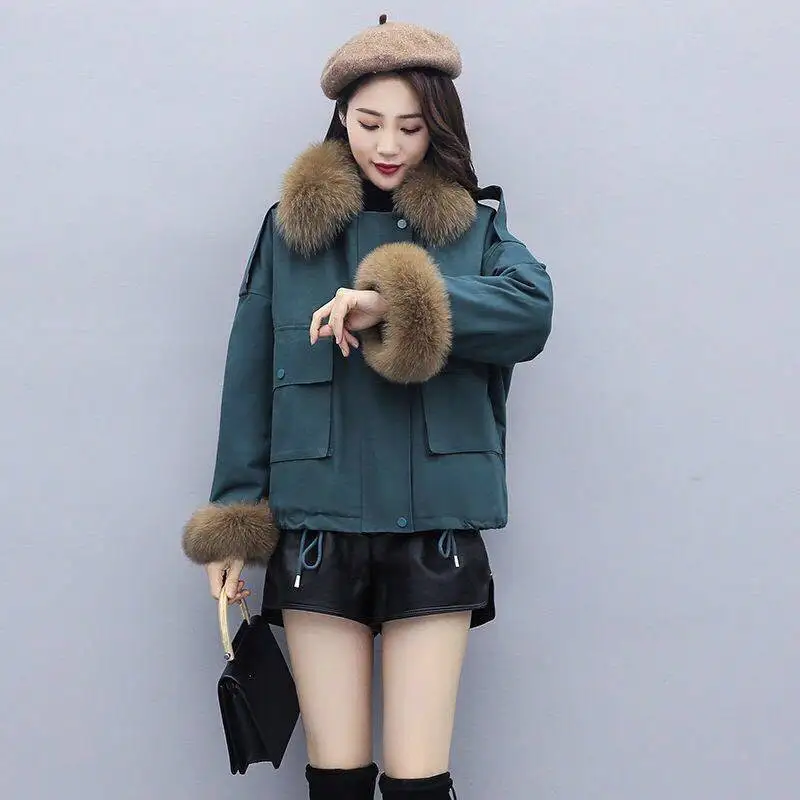 Winter New Women Parka Down Jacket Fashion Design Casual Loose Plus Velvet Warm Fur Collar Short Coats Elegant Female Clothing