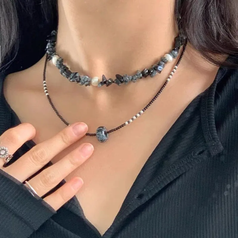 

New Chinese Style Retro Irregular Stone Stitching Pearl Design Collarbone Chain Necklace for Women Jewelry