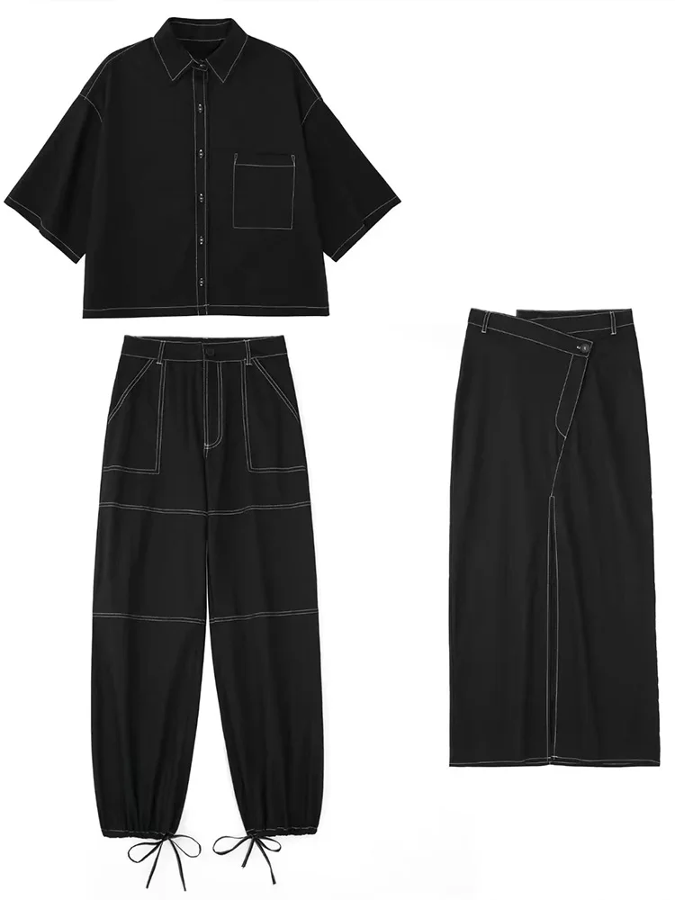 

ZAA Fall 2022 New Women's Fashion Retro Casual Lapel Single Breasted Chic Color Contrast Line Decoration Half Sleeve Loose Shirt
