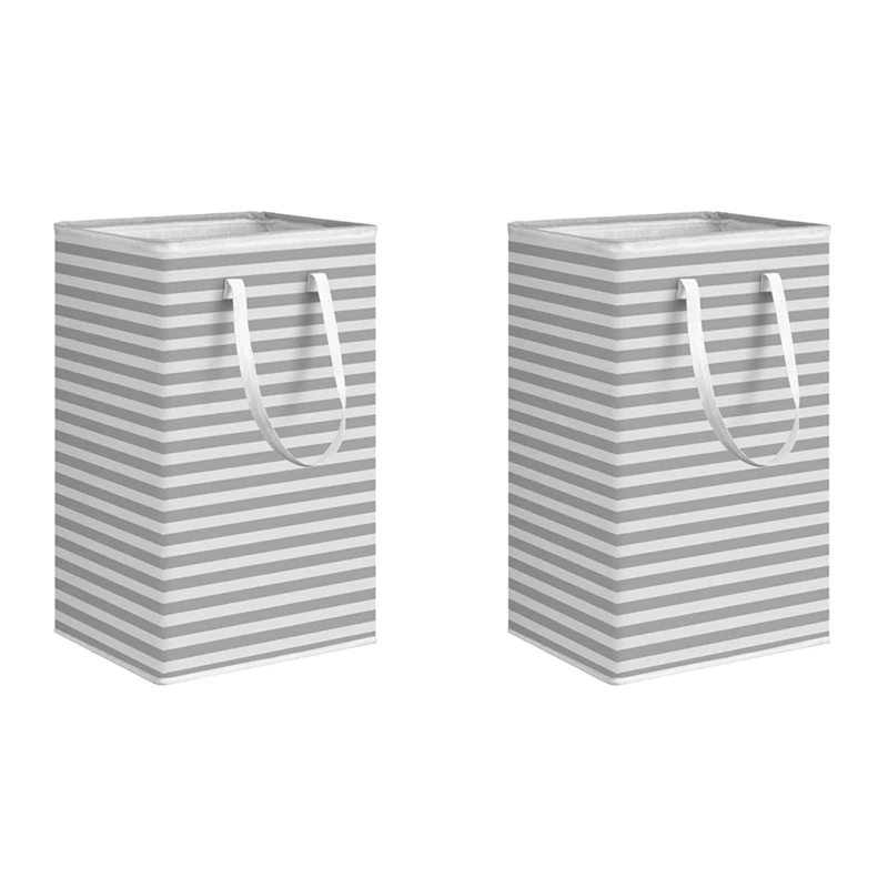 

2X 75L Large Laundry Basket Foldable Clothes Storage Basket Stripe Toys Storage Bag With Extended Handle -Gray Retail