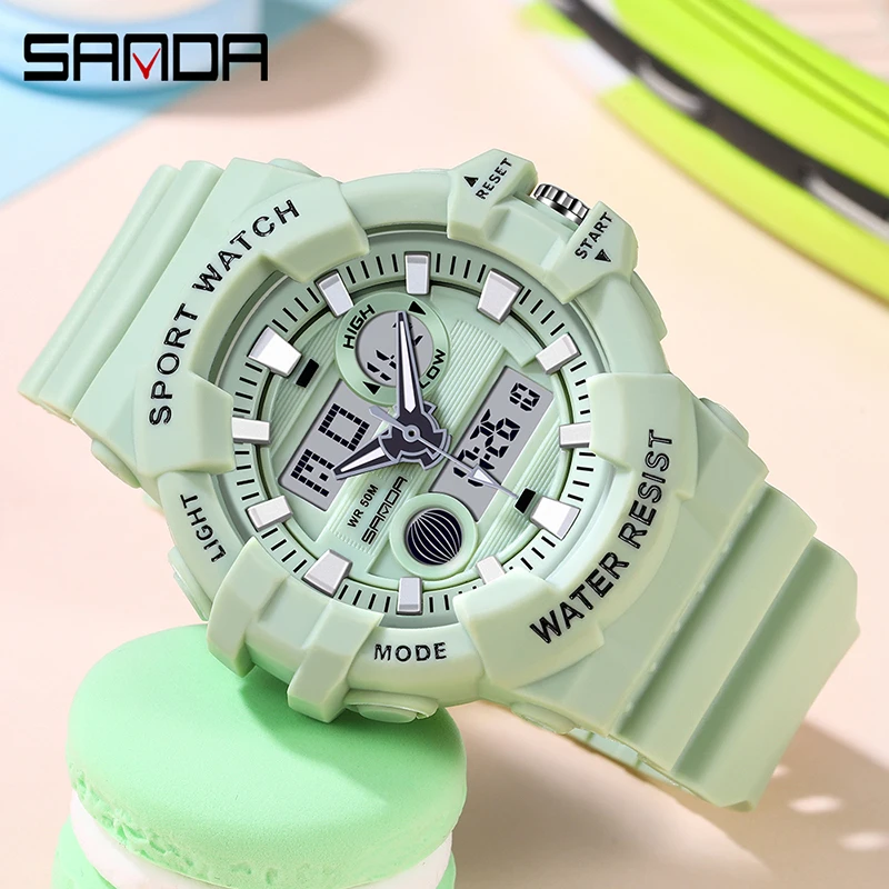 SANDA 2023 New Womens Sports Watches Countdown Dual Display Watch Alarm Clock Chronograph Digital Watch Waterproof 50M Reloj