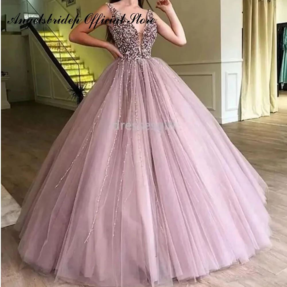 

Angelsbridep V-Neck Ball Gown Quinceanera Dresses Glitter Beaded Tulle Vestidos De 15 Años Masquerade Cinderella Birthday Gowns
