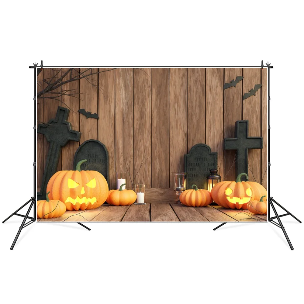 

Pumpkin Lantern Tombstone Bat Wooden Plank Halloween Photography Backgrounds Custom Baby Party Decoration Photo Studio Backdrops