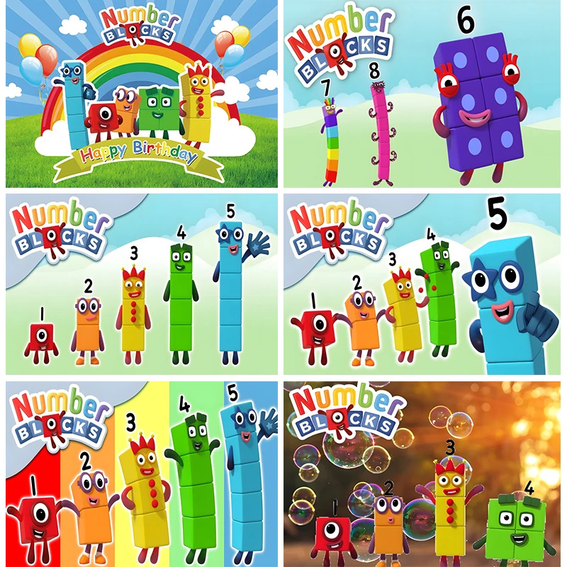 

Cartoon Number Blocks Backdrop Happy Birthday Party Rainbow Children's Decoration Photography Background Vinyl Props Bannner