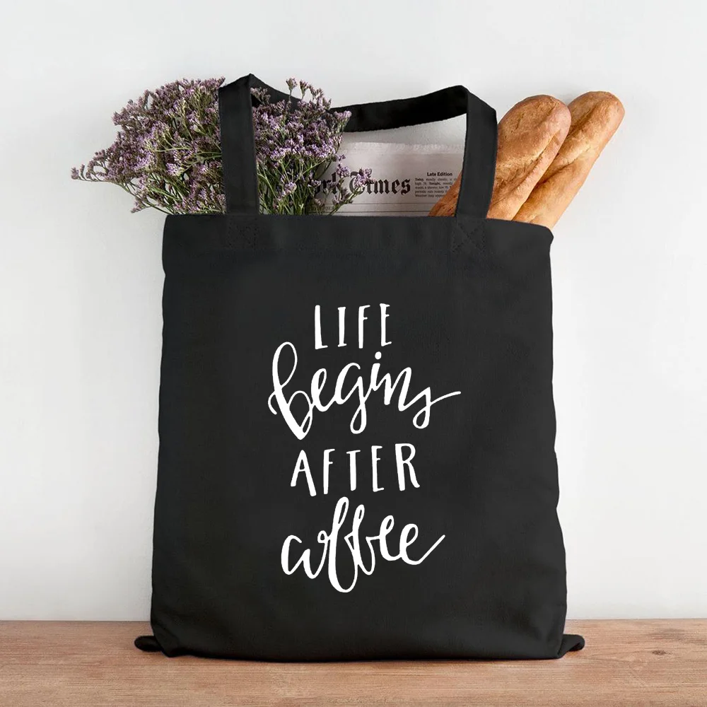 

Fashion Women Black Shopping Tote Bag with Coffee Letter Shoulder Canvas Cloth Travel Bag Shopper Reusable Mom Life Book Bag
