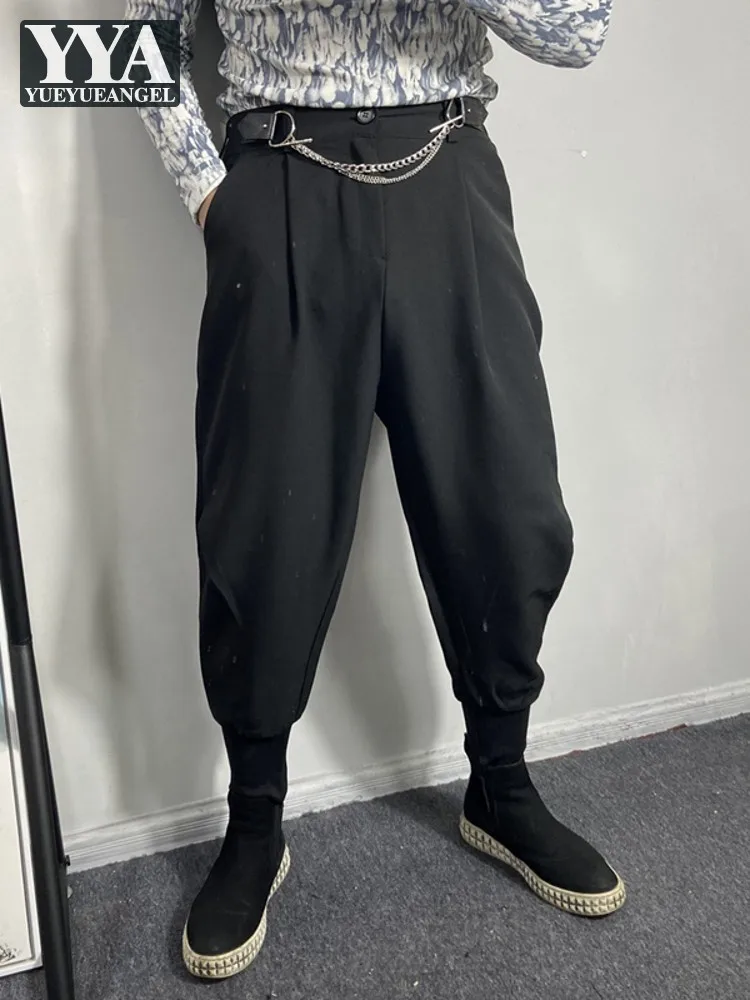 Harajuku Men Waist Chain Harem Pants Loose Fit Joggers Sweatpants Casual Streetwear Long Trousers Black Gothic Hip Hop Pants