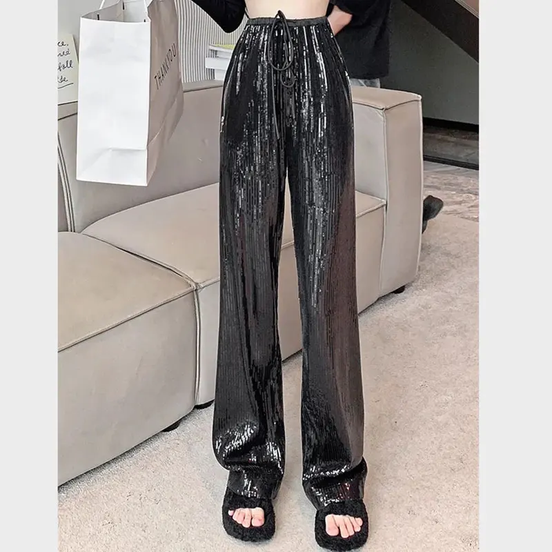 Drawstring Wide Leg Pants Women's Spring Autumn 2023 New High Waist Sequin Casual Pants Loose Straight Tube Floor Dragging Pant
