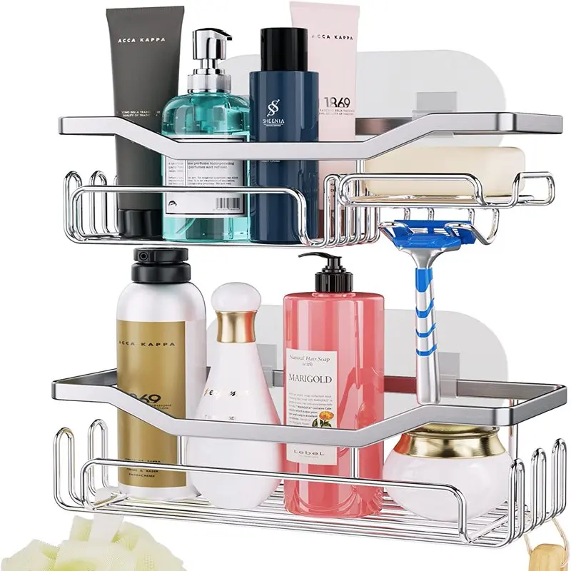 

Shower Caddy Shelf with 11 Hooks, Shower Rack for Hanging Razor, Soap and Shower Gel, No Drilling Bathroom Shower Caddies Shelf