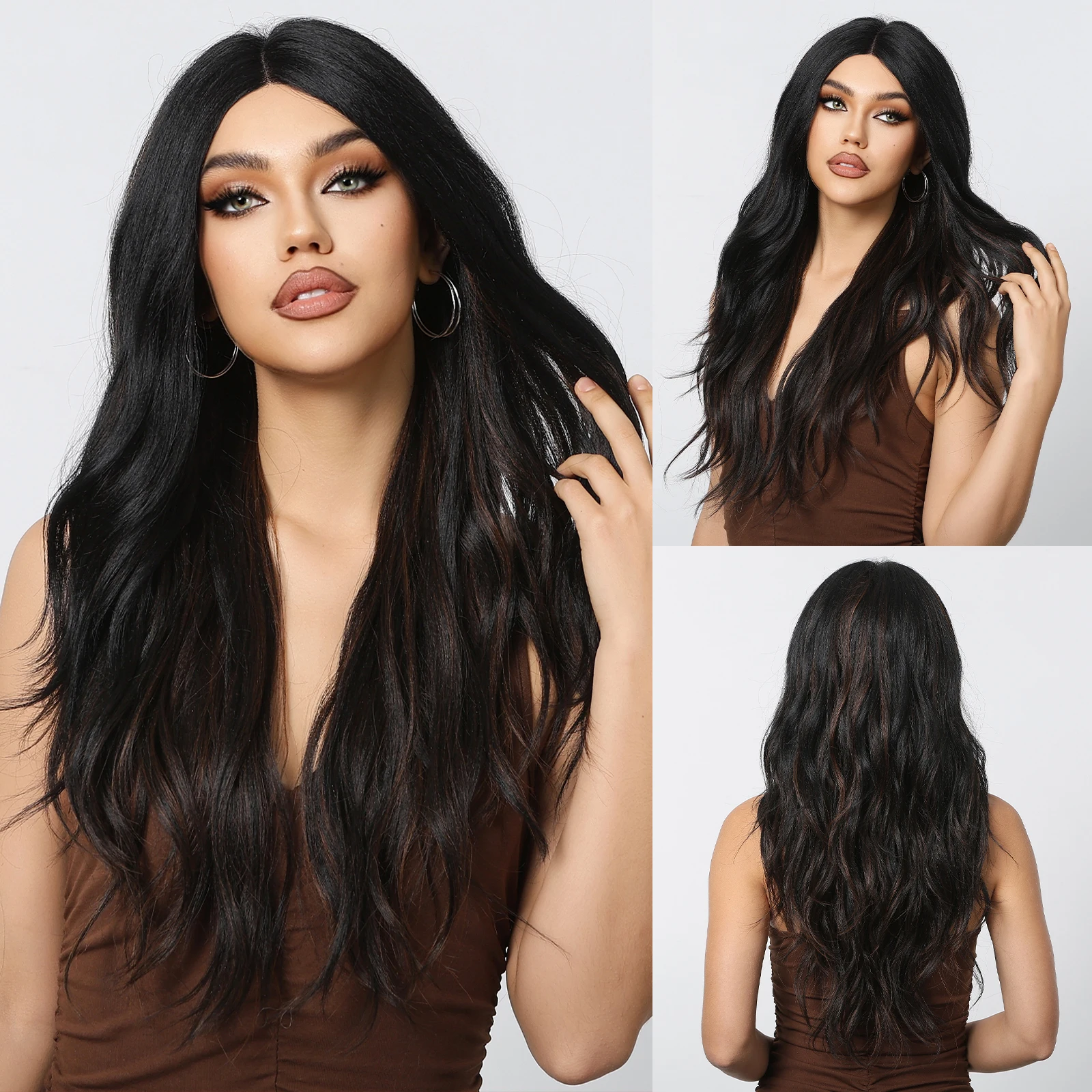ESIN Длинные Вьющиеся Черные Синтетические Кружевные Фронтальные Парики