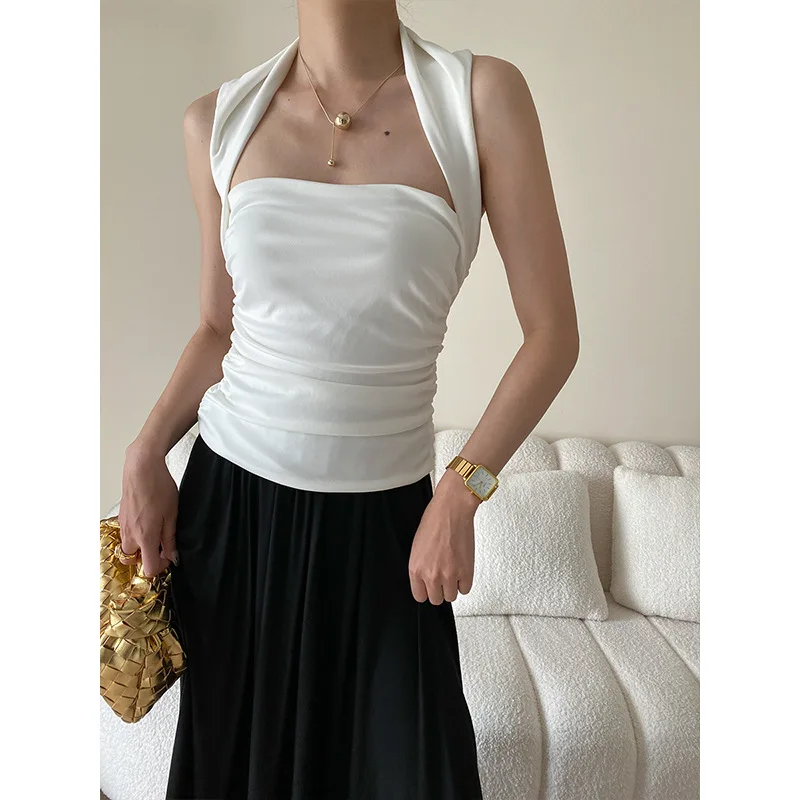 

Блузка со складками, белые женские майки, летние элегантные женские топы, одежда