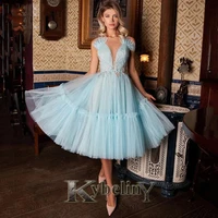 kybeliny skyblue knee length v neck evening dresses prom robe de soiree graduation celebrity vestidos fiesta women formal