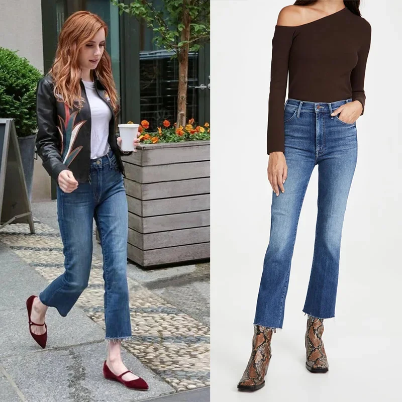 

Женские прямые джинсы в европейском и американском стиле на раннюю весну 2023, с завышенной талией, с узкими и эластичными 9-точечными необработанными краями