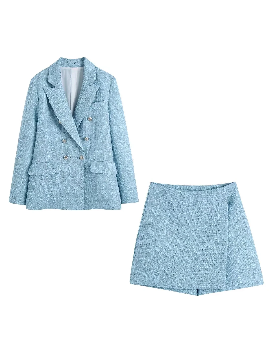 Elegant Women Blue Tweed Blazer Coat 2022 New Spring Jacket Set High Waist Mini Skirt Shorts For Office Lady Outfits Outerwear