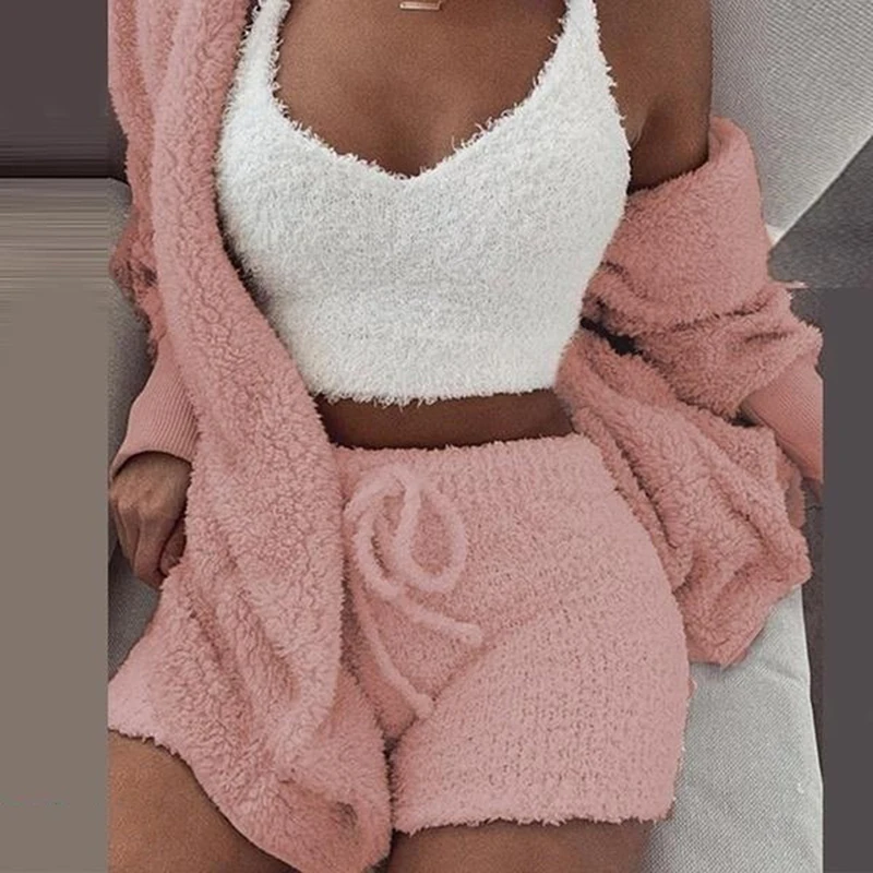 

Three Piece Sexy Fluffy Sets Velvet Plush Hooded Cardigan Coat+Shorts+Crop Top Women Tracksuit Casual Sports Overalls Sweatshirt